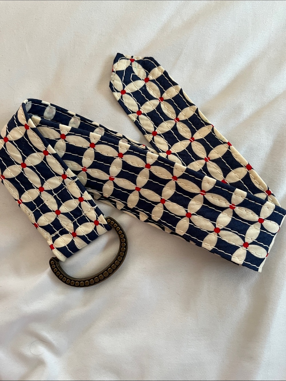 J Crew Y2K flower print belt cotton blue white double D brass buckle S/M 2008